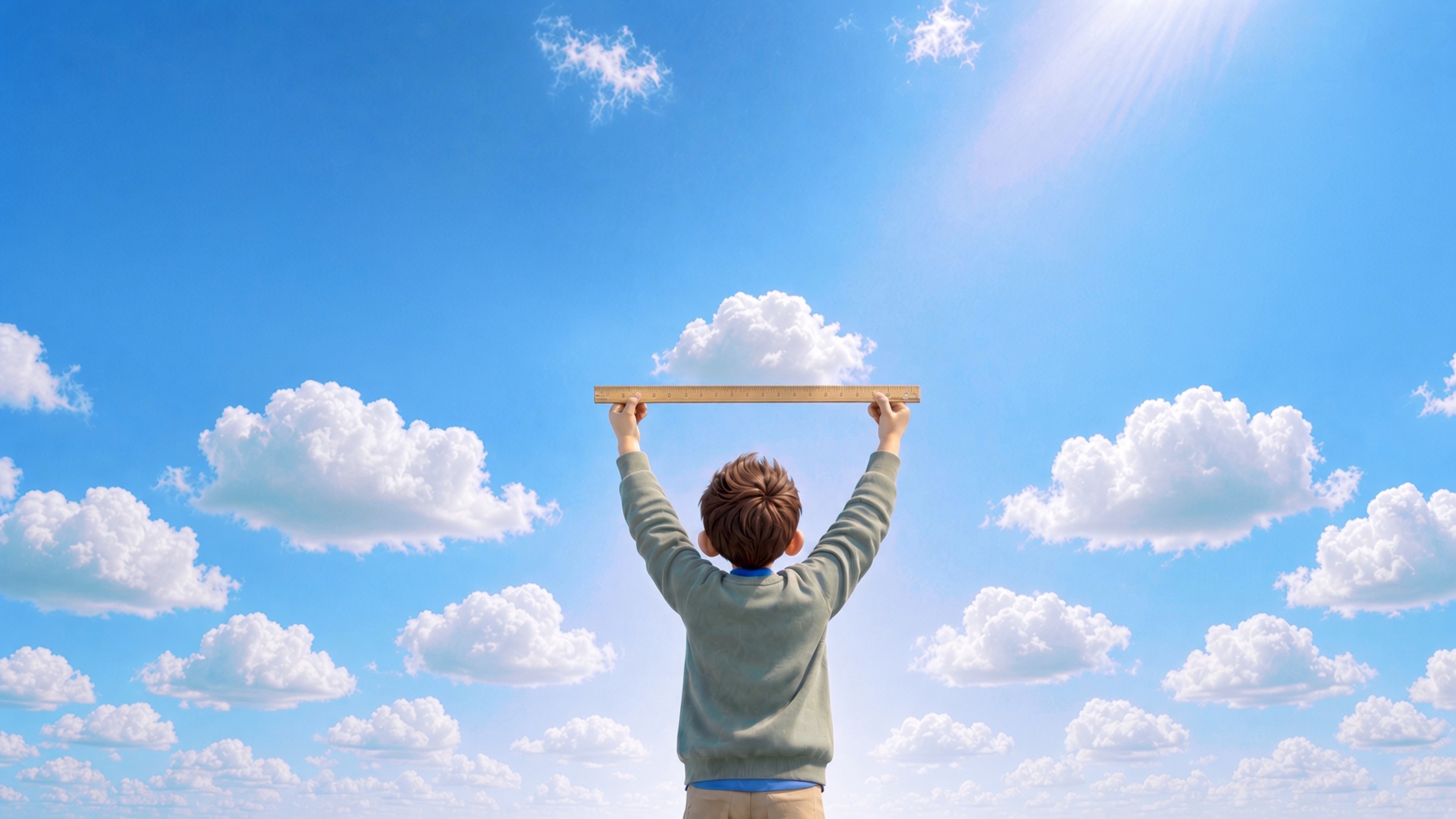 A boy holding a ruler up to the sky